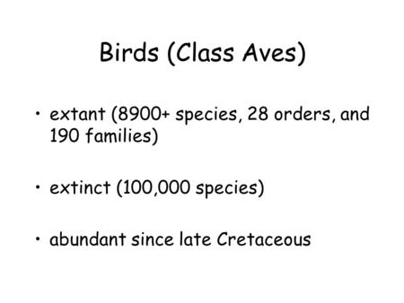 Birds (Class Aves) extant (8900+ species, 28 orders, and 190 families) extinct (100,000 species) abundant since late Cretaceous.