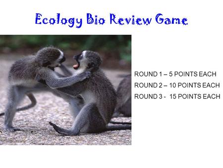 Ecology Bio Review Game ROUND 1 – 5 POINTS EACH ROUND 2 – 10 POINTS EACH ROUND 3 - 15 POINTS EACH.