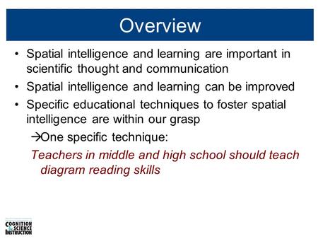 Overview Spatial intelligence and learning are important in scientific thought and communication Spatial intelligence and learning can be improved Specific.