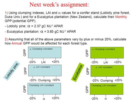 Next week’s assignment: 1) Using clumping indexes, LAI and  values for a conifer stand (Loblolly pine forest, Duke Univ.) and for a Eucalyptus plantation.