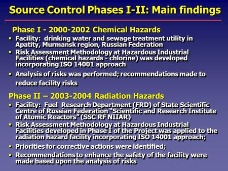 Source Control Phases I-II: Source Control Phases I-II: Main findings  Facility: drinking water and sewage treatment utility in Apatity, Murmansk region,