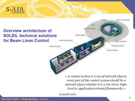 1 20th March 2007 – Tango Meeting – G.Abeillé ICALEPS 2005 Overview architecture of SOLEIL technical solutions for Beam Lines Control « A control system.