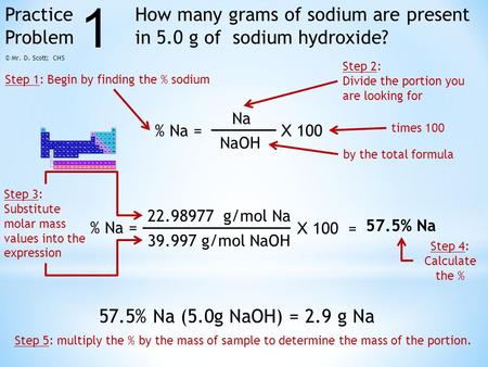 Practice Problem How many grams of sodium are present in 5.0 g of sodium hydroxide? % Na = Na NaOH X 100 22.98977 g/mol Na 39.997 g/mol NaOH X 100 = 57.5%