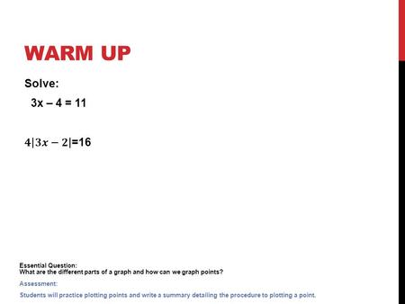 Essential Question: What are the different parts of a graph and how can we graph points? Assessment: Students will practice plotting points and write a.