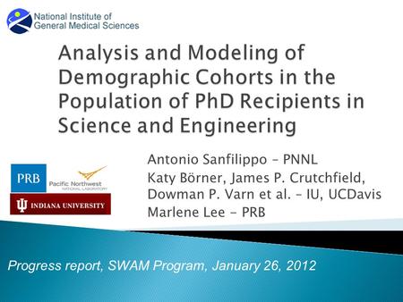 Antonio Sanfilippo – PNNL Katy Börner, James P. Crutchfield, Dowman P. Varn et al. – IU, UCDavis Marlene Lee - PRB Progress report, SWAM Program, January.