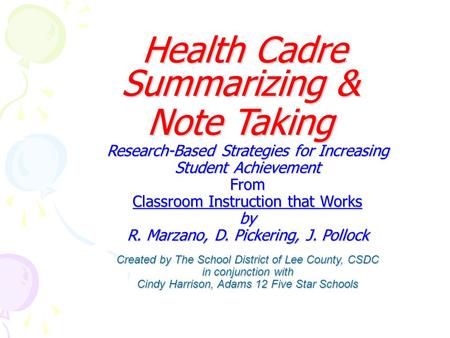 Research-Based Strategies for Increasing Student Achievement From Classroom Instruction that Works by R. Marzano, D. Pickering, J. Pollock Created by The.