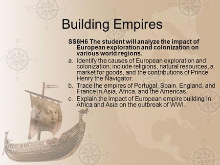 Building Empires SS6H6 The student will analyze the impact of European exploration and colonization on various world regions. a.Identify the causes of.