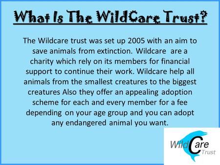 What Is The WildCare Trust? The Wildcare trust was set up 2005 with an aim to save animals from extinction. Wildcare are a charity which rely on its members.