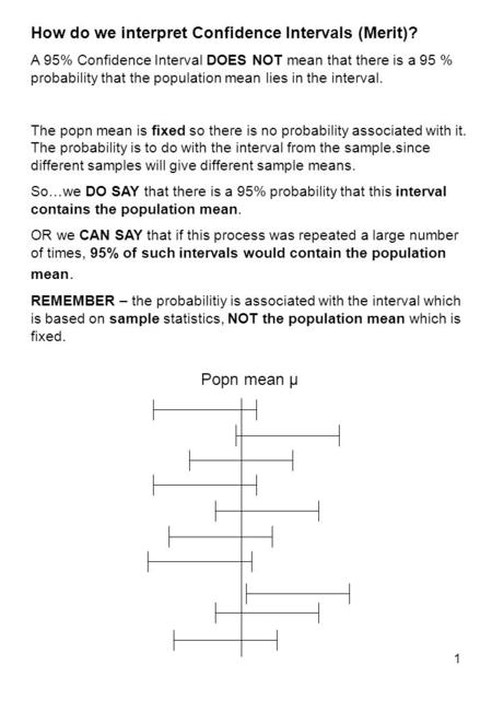 1 How do we interpret Confidence Intervals (Merit)? A 95% Confidence Interval DOES NOT mean that there is a 95 % probability that the population mean lies.