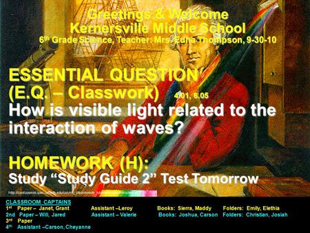 Greetings & Welcome Kernersville Middle School 6 th Grade Science, Teacher: Mrs. Edna Thompson, 9-30-10 ESSENTIAL QUESTION (E.Q. – Classwork) 4.01, 6.05.