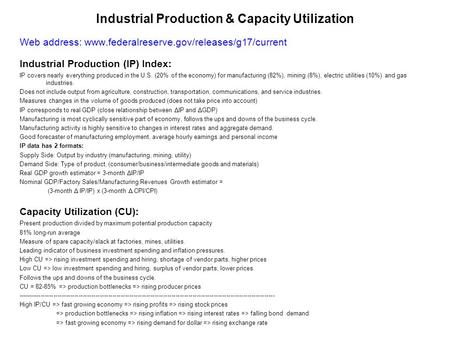 Industrial Production & Capacity Utilization Web address: www.federalreserve.gov/releases/g17/current Industrial Production (IP) Index: IP covers nearly.