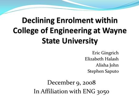 Eric Gingrich Elizabeth Halash Alisha John Stephen Saputo December 9, 2008 In Affiliation with ENG 3050.