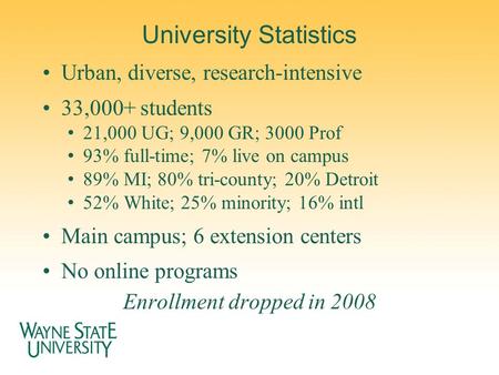 University Statistics Urban, diverse, research-intensive 33,000+ students 21,000 UG; 9,000 GR; 3000 Prof 93% full-time; 7% live on campus 89% MI; 80% tri-county;