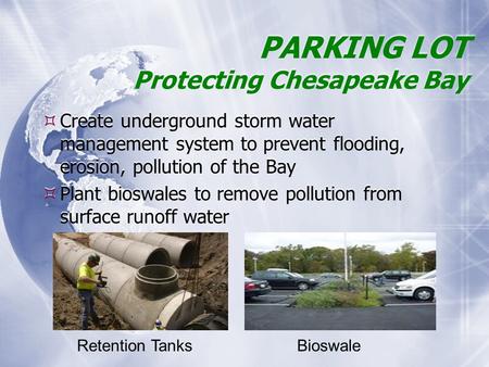 PARKING LOT Protecting Chesapeake Bay  Create underground storm water management system to prevent flooding, erosion, pollution of the Bay  Plant bioswales.