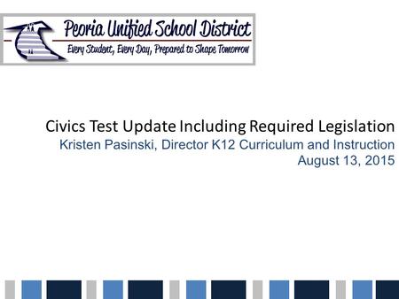 Civics Test Update Including Required Legislation Kristen Pasinski, Director K12 Curriculum and Instruction August 13, 2015.