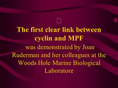 Ⅰ The first clear link between cyclin and MPF was demonstrated by Joan Ruderman and her colleagues at the Woods Hole Marine Biological Laboratore.