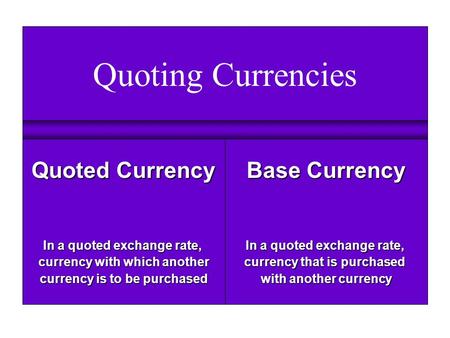 Quoting Currencies Base Currency In a quoted exchange rate, currency that is purchased with another currency Quoted Currency In a quoted exchange rate,