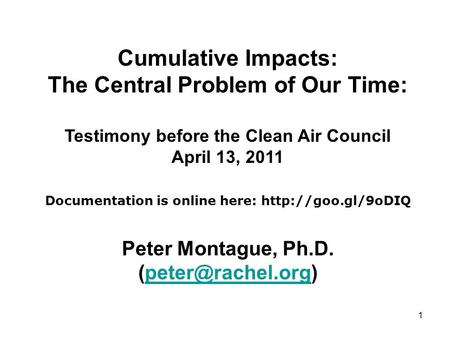 Cumulative Impacts: The Central Problem of Our Time: Testimony before the Clean Air Council April 13, 2011 Documentation is online here: