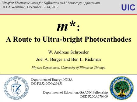 UIC m* : A Route to Ultra-bright Photocathodes W. Andreas Schroeder Joel A. Berger and Ben L. Rickman Physics Department, University of Illinois at Chicago.