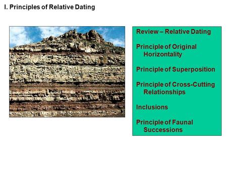 Review – Relative Dating Principle of Original Horizontality Principle of Superposition Principle of Cross-Cutting Relationships Inclusions Principle of.