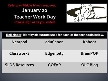 Cedartown Middle School: 2014-2015 NearpodeduCanonKahoot ClassworksEdgenuityBrainPOP SLDS ResourcesGOFAROLC Blog Bell-ringer: Identify classroom uses for.