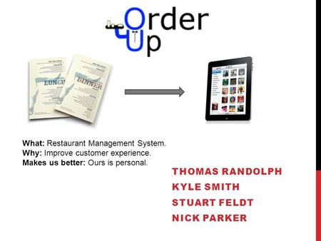 THOMAS RANDOLPH KYLE SMITH STUART FELDT NICK PARKER What: Restaurant Management System. Why: Improve customer experience. Makes us better: Ours is personal.