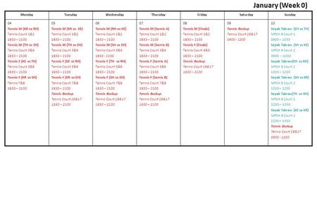 MondayTuesdayWednesdayThursdayFridaySaturdaySunday 04 Tennis M [KR vs RH] Tennis Court 1&2 1830 – 2100 Tennis M [TH vs SH] Tennis Court 3&4 1830 – 2100.