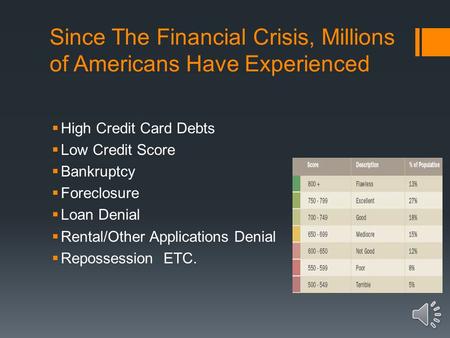 Since The Financial Crisis, Millions of Americans Have Experienced  High Credit Card Debts  Low Credit Score  Bankruptcy  Foreclosure  Loan Denial.