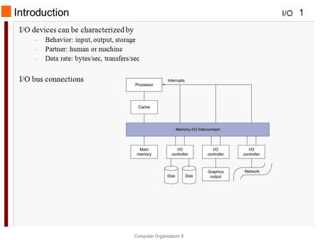 I/O Computer Organization II 1 Introduction I/O devices can be characterized by – Behavior: input, output, storage – Partner: human or machine – Data rate: