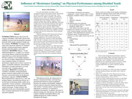 Influence of “Resistance Gaming” on Physical Performance among Disabled Youth Laurel Erickson, Ken Hutchinson, and Tony Moreno PhD ; School of Health Promotion.