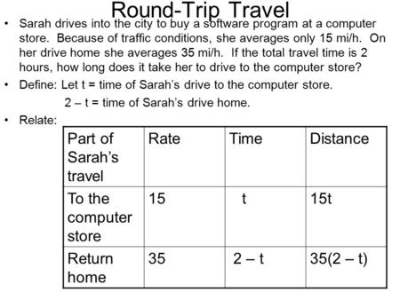 Round-Trip Travel Sarah drives into the city to buy a software program at a computer store. Because of traffic conditions, she averages only 15 mi/h. On.