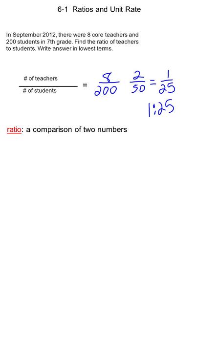 6-1 Ratios and Unit Rate In September 2012, there were 8 core teachers and 200 students in 7th grade. Find the ratio of teachers to students. Write answer.