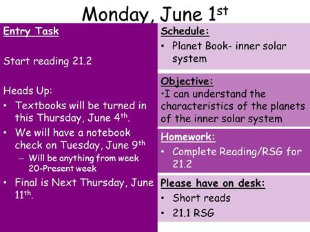 Monday, June 1 st Entry Task Start reading 21.2 Heads Up: Textbooks will be turned in this Thursday, June 4 th. We will have a notebook check on Tuesday,