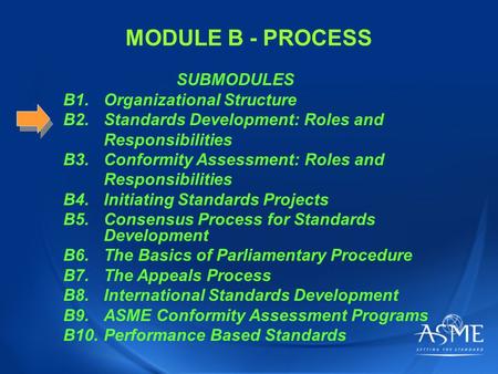 MODULE B - PROCESS SUBMODULES B1.Organizational Structure B2.Standards Development: Roles and Responsibilities B3.Conformity Assessment: Roles and Responsibilities.