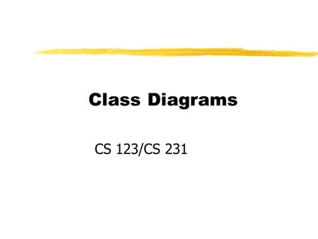 Class Diagrams CS 123/CS 231. Classes in a Class Diagram zClass name onlyExample zWith DetailsExample Class Name attributes methods Bank Account Bank.