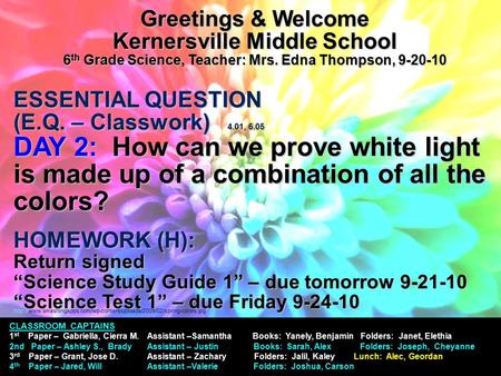 Greetings & Welcome Kernersville Middle School 6 th Grade Science, Teacher: Mrs. Edna Thompson, 9-20-10 ESSENTIAL QUESTION (E.Q. – Classwork) 4.01, 6.05.