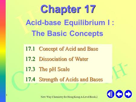 H+H+ H+H+ H+H+ OH - New Way Chemistry for Hong Kong A-Level Book 2 1 Chapter 17 Acid-base Equilibrium I : The Basic Concepts 17.1Concept of Acid and Base.