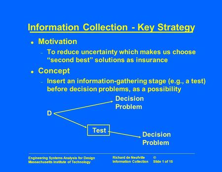 Engineering Systems Analysis for Design Massachusetts Institute of Technology Richard de Neufville © Information CollectionSlide 1 of 15 Information Collection.