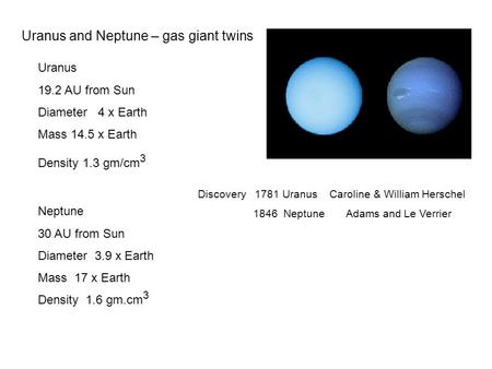 Uranus and Neptune – gas giant twins Uranus 19.2 AU from Sun Diameter 4 x Earth Mass 14.5 x Earth Density 1.3 gm/cm 3 Neptune 30 AU from Sun Diameter 3.9.