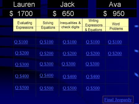 Evaluating Expressions Solving Equations Inequalities & check digits Writing Expressions & Equations Word Problems Q $100 Q $200 Q $300 Q $400 Q $500 Q.