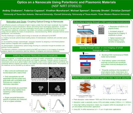 Optics on a Nanoscale Using Polaritonic and Plasmonic Materials (NSF NIRT 0709323) Andrey Chabanov 1, Federico Capasso 2, Vinothan Manoharan 2, Michael.