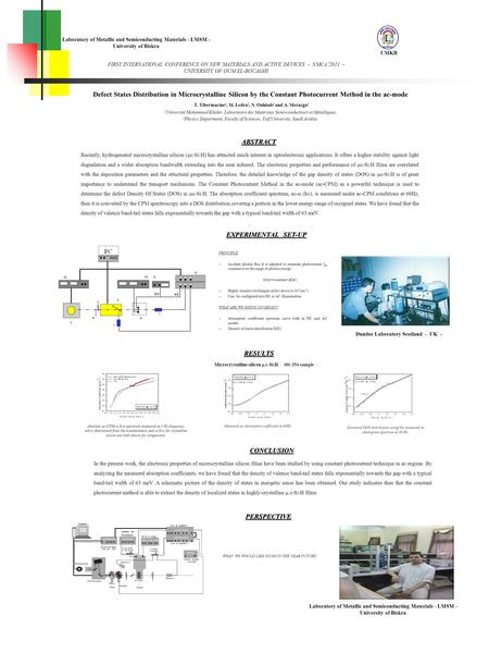 UMKB Defect States Distribution in Microcrystalline Silicon by the Constant Photocurrent Method in the ac-mode T. Tibermacine 1, M. Ledra 1, N. Ouhbab.