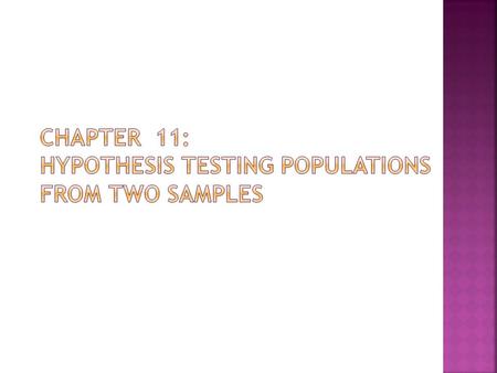  In Chapter 10 we tested a parameter from a population represented by a sample against a known population ( ).  In chapter 11 we will test a parameter.