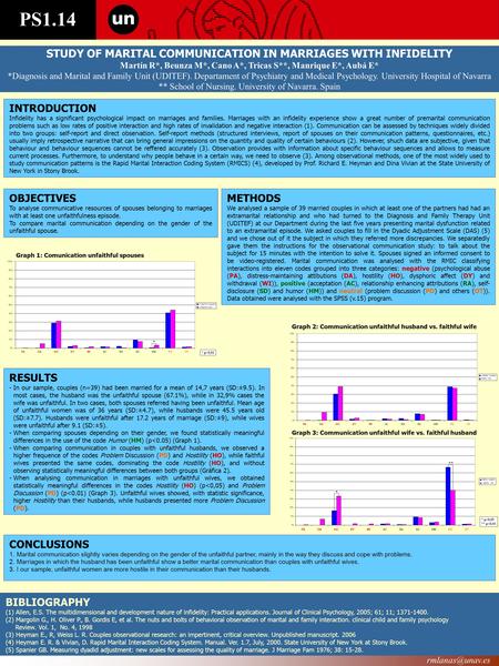 PS1.14 STUDY OF MARITAL COMMUNICATION IN MARRIAGES WITH INFIDELITY Martín R*, Beunza M*, Cano A*, Tricas S**, Manrique E*, Aubá E* *Diagnosis and Marital.