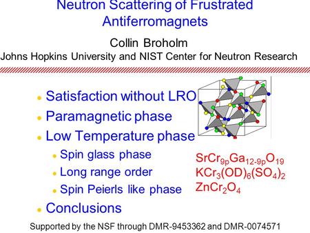 Neutron Scattering of Frustrated Antiferromagnets Satisfaction without LRO Paramagnetic phase Low Temperature phase Spin glass phase Long range order Spin.