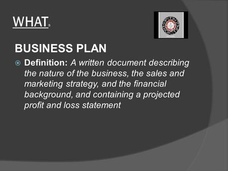 WHAT S BUSINESS PLAN  Definition: A written document describing the nature of the business, the sales and marketing strategy, and the financial background,