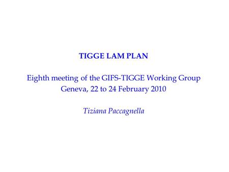 TIGGE LAM PLAN Eighth meeting of the GIFS-TIGGE Working Group Geneva, 22 to 24 February 2010 Tiziana Paccagnella.