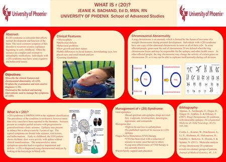 Objectives: Describe the clinical features and chromosomal abnormality of r (20). Explain the examination and tests used to diagnose r ( 20). Summarize.