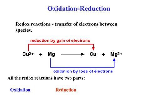 Oxidation-Reduction Redox reactions - transfer of electrons between species. All the redox reactions have two parts: OxidationReduction.