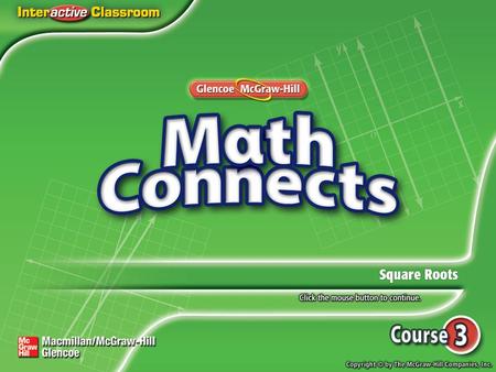 Lesson Menu Main Idea and New Vocabulary Key Concept:Square Root Example 1:Find Square Roots Example 2:Find Square Roots Example 3:Find Square Roots Example.